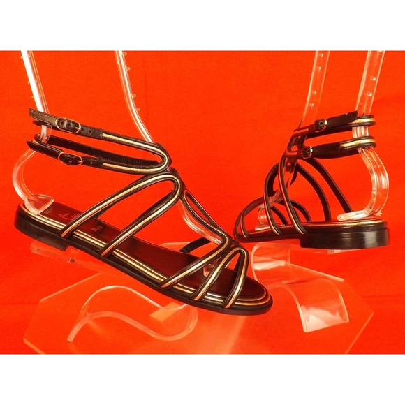 NIB LOUBOUTIN ZENOSANDY BLACK LEATHER CAGED BUCKLES FLATS GLADIATOR SANDALS 38.5 - Picture 5 of 12